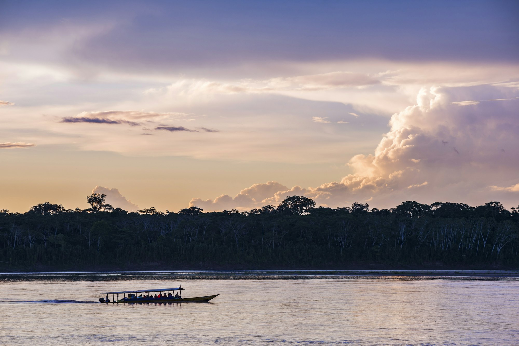 Amazon Jungle boat trip at sunset, Tambopata National Reserve, Peru, South America